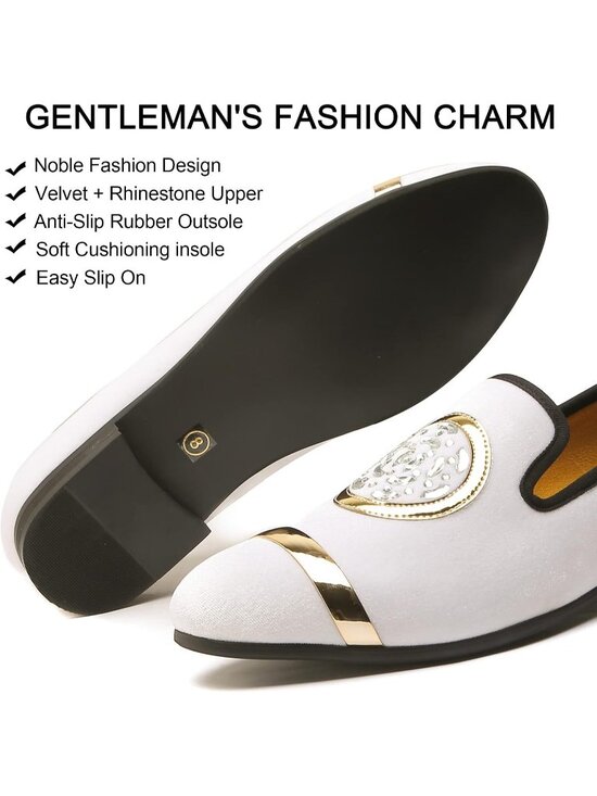 XQWFH Men\'s White Leather Velvet Loafers With Gold Plate Smoking Slip On Shoes main image 7